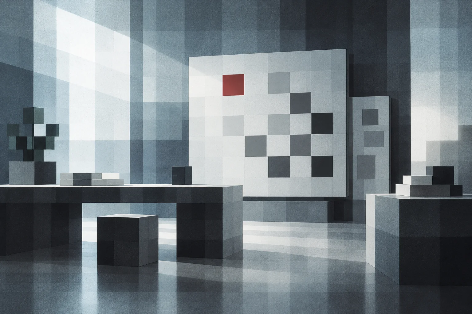 A modular creative workspace with a strategic planning board in the studio’s pixel style