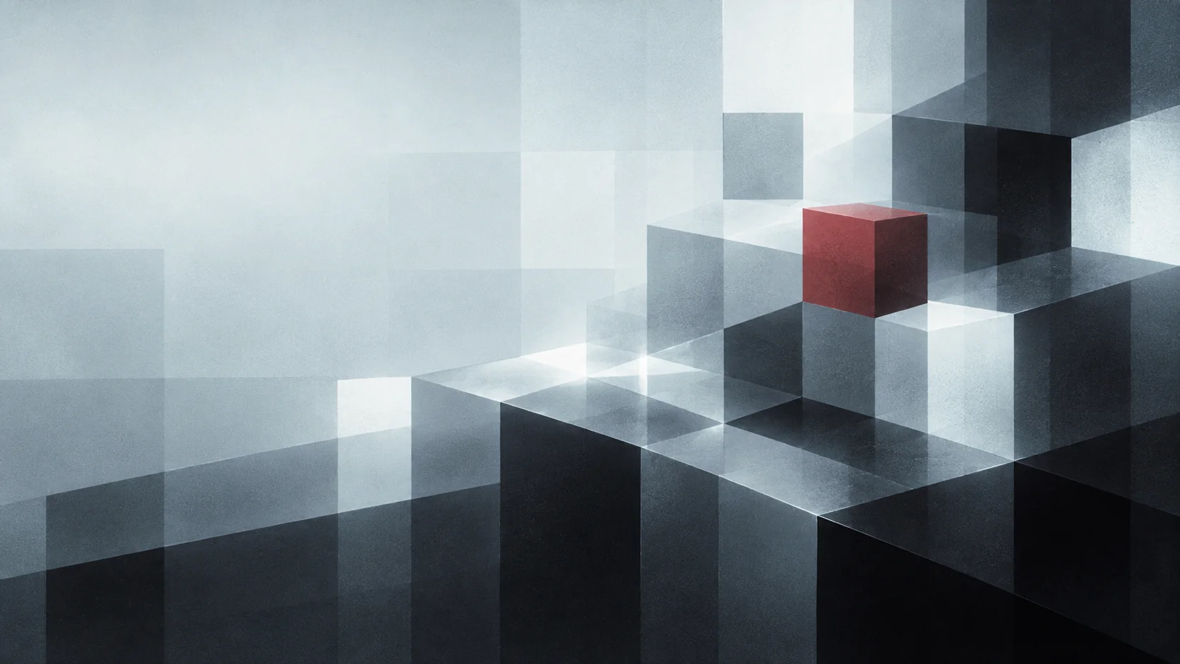 Charcoal and gray pixel architecture with a red cube, the visual identity of Render Studio